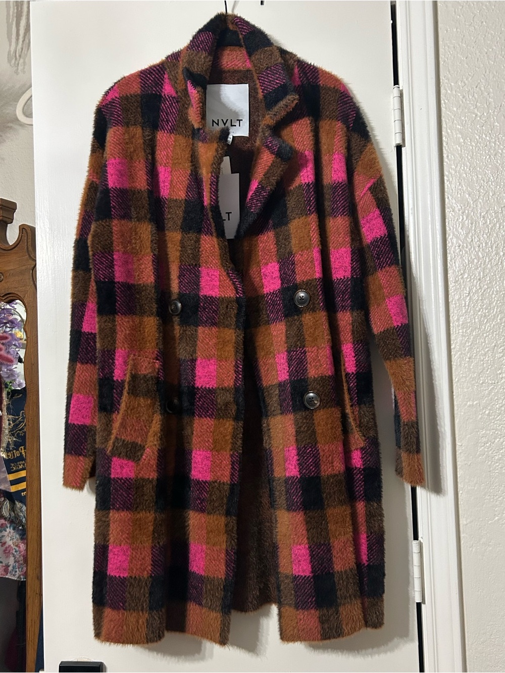 NVLT Pink & Brown Plaid Double-Breasted Pea Coat